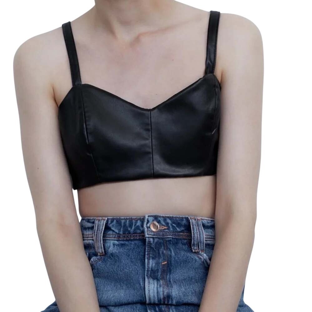 Zara Top Womens Small Black Faux Leather Bralette Cropped Side Zip Strappy Sexy